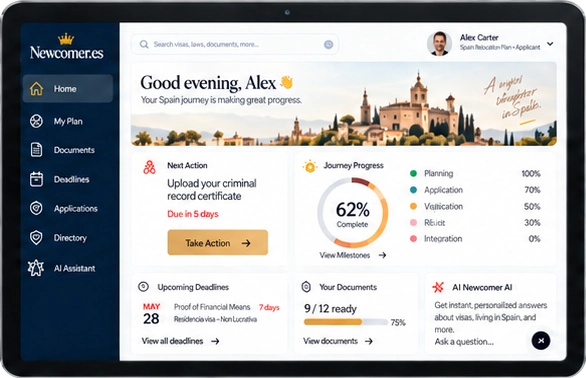 Illustrative Newcomer.es My Account dashboard on a front-facing landscape tablet, showing journey, document and deadline features